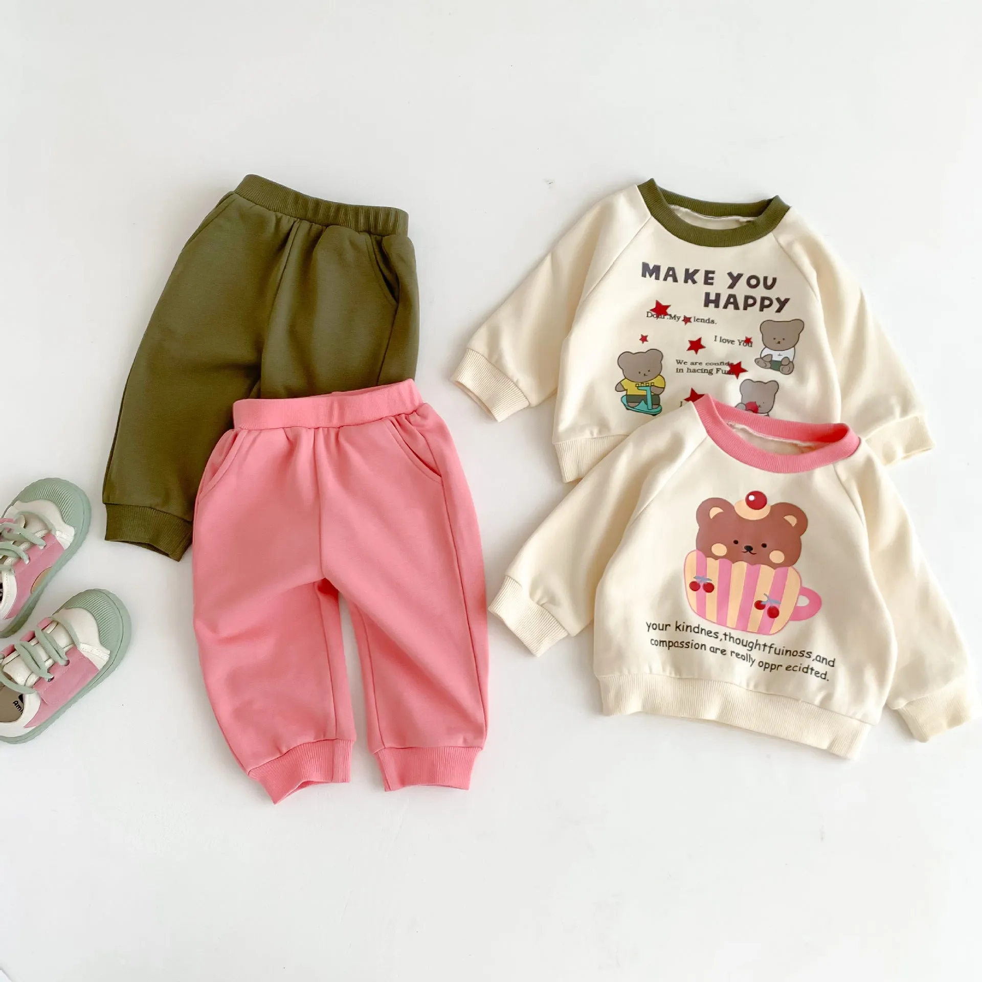 2 Pieces Set Baby Kid Girls Boys Letters Cartoon Print Tops And Solid Color Pants Wholesale 23101908