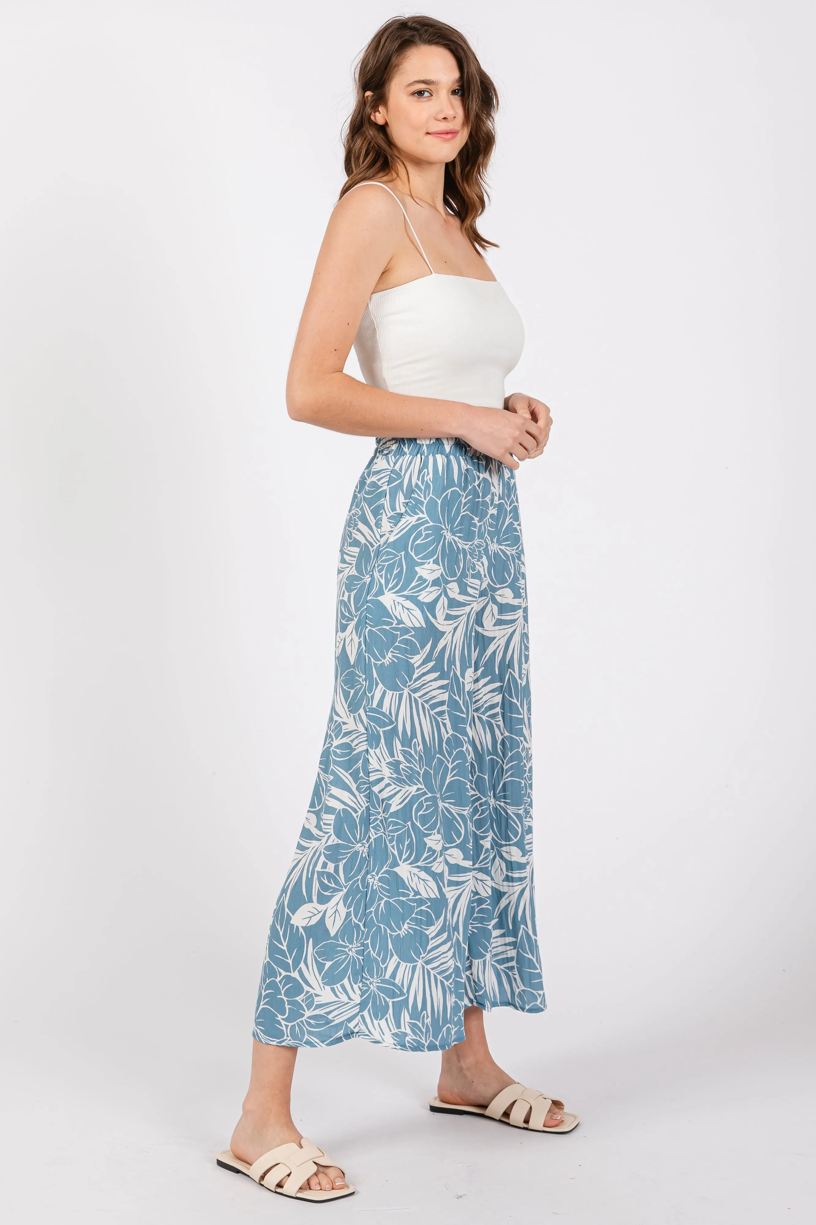 Blue Palm Print Wide Leg Trousers