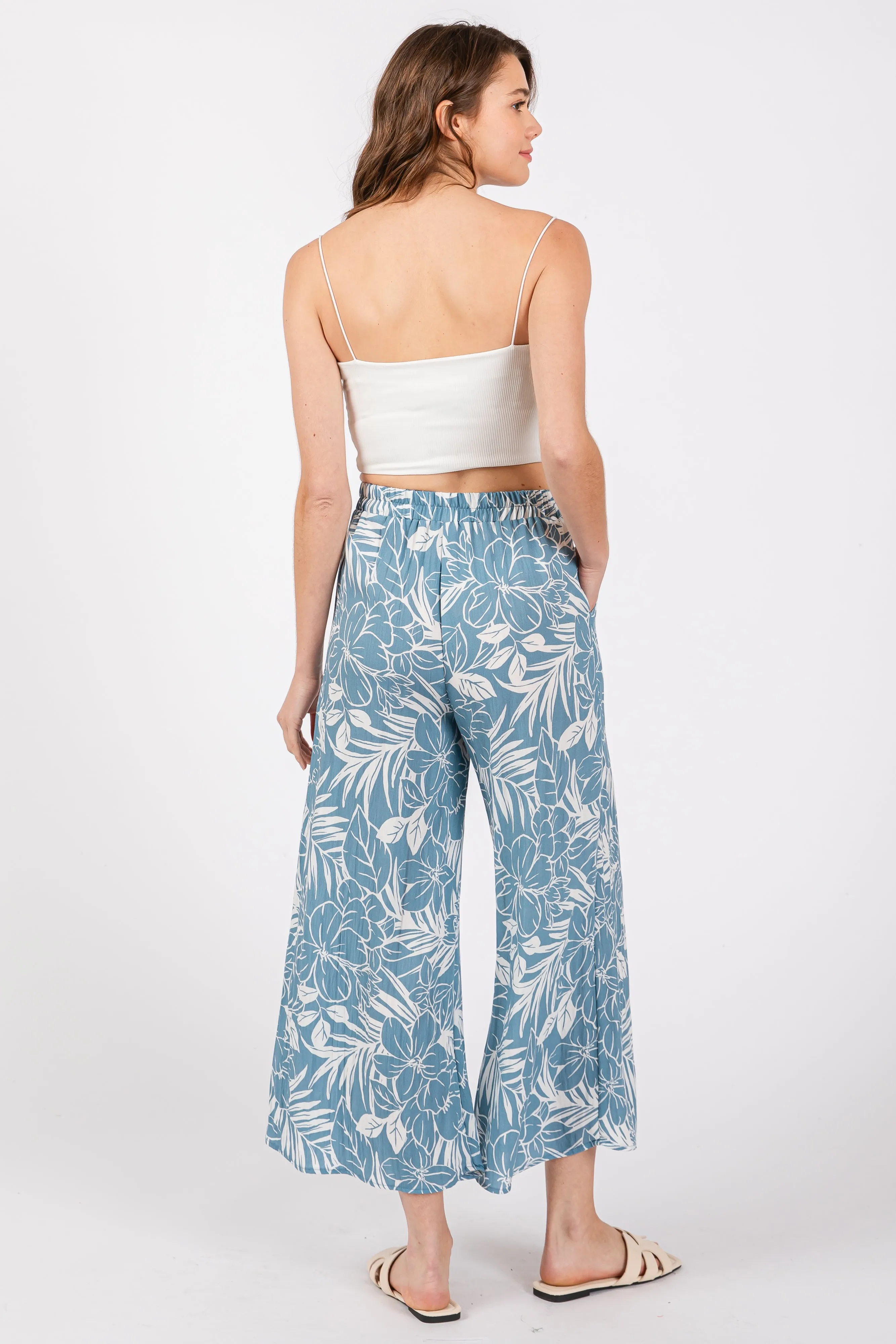 Blue Palm Print Wide Leg Trousers