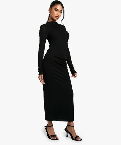 boohoo Womens Sheer Ruched Long Sleeve Maxi Dress