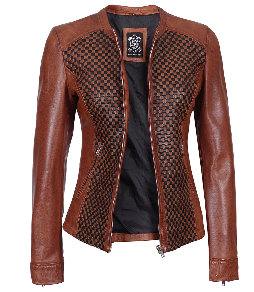 Brown Women's Textured Leather Cafe Racer Jacket