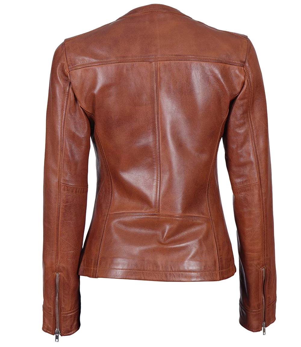 Brown Women's Textured Leather Cafe Racer Jacket