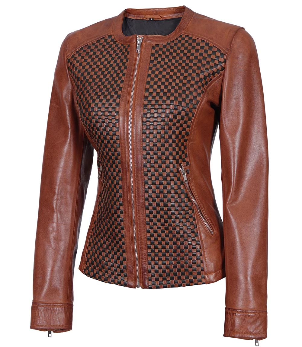 Brown Women's Textured Leather Cafe Racer Jacket