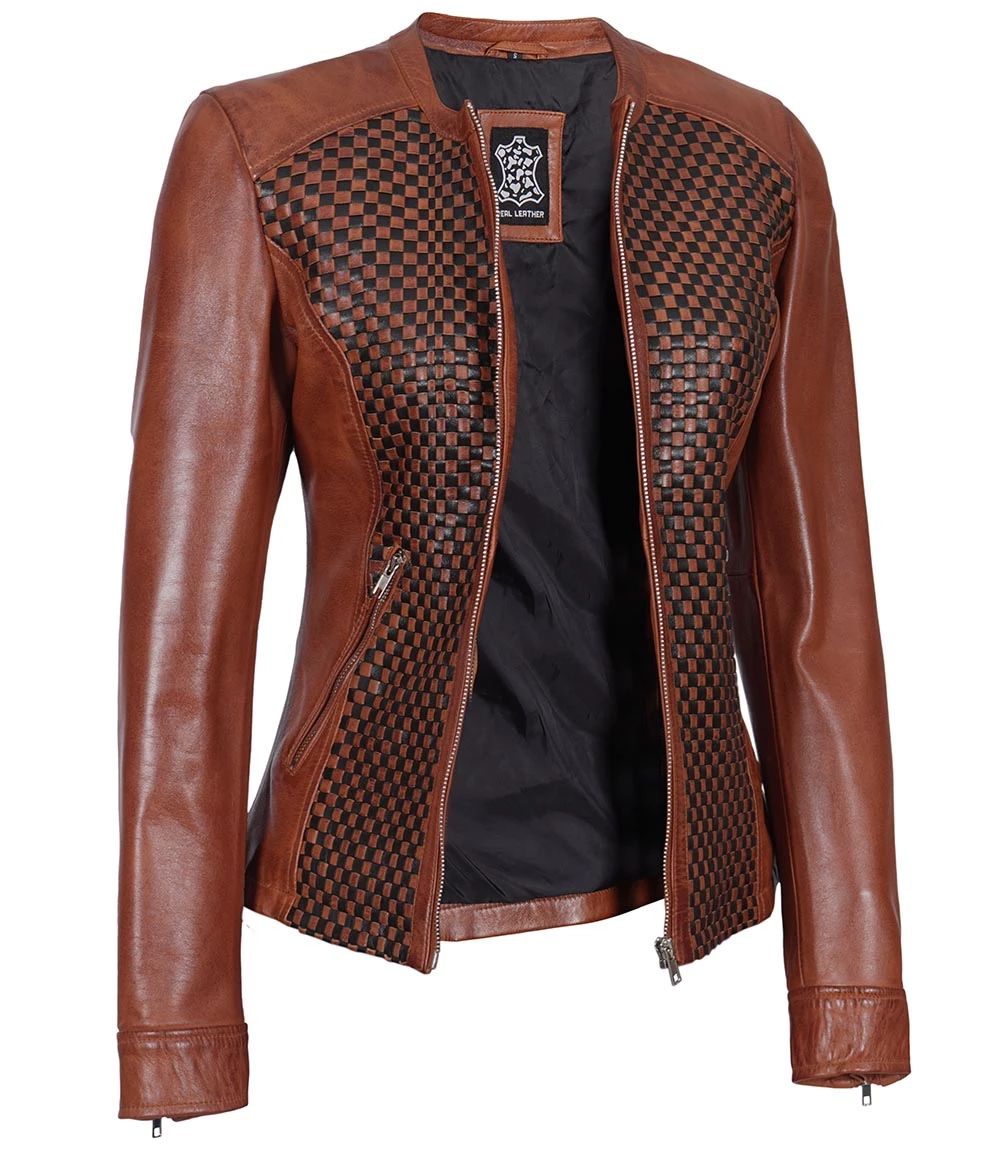 Brown Women's Textured Leather Cafe Racer Jacket