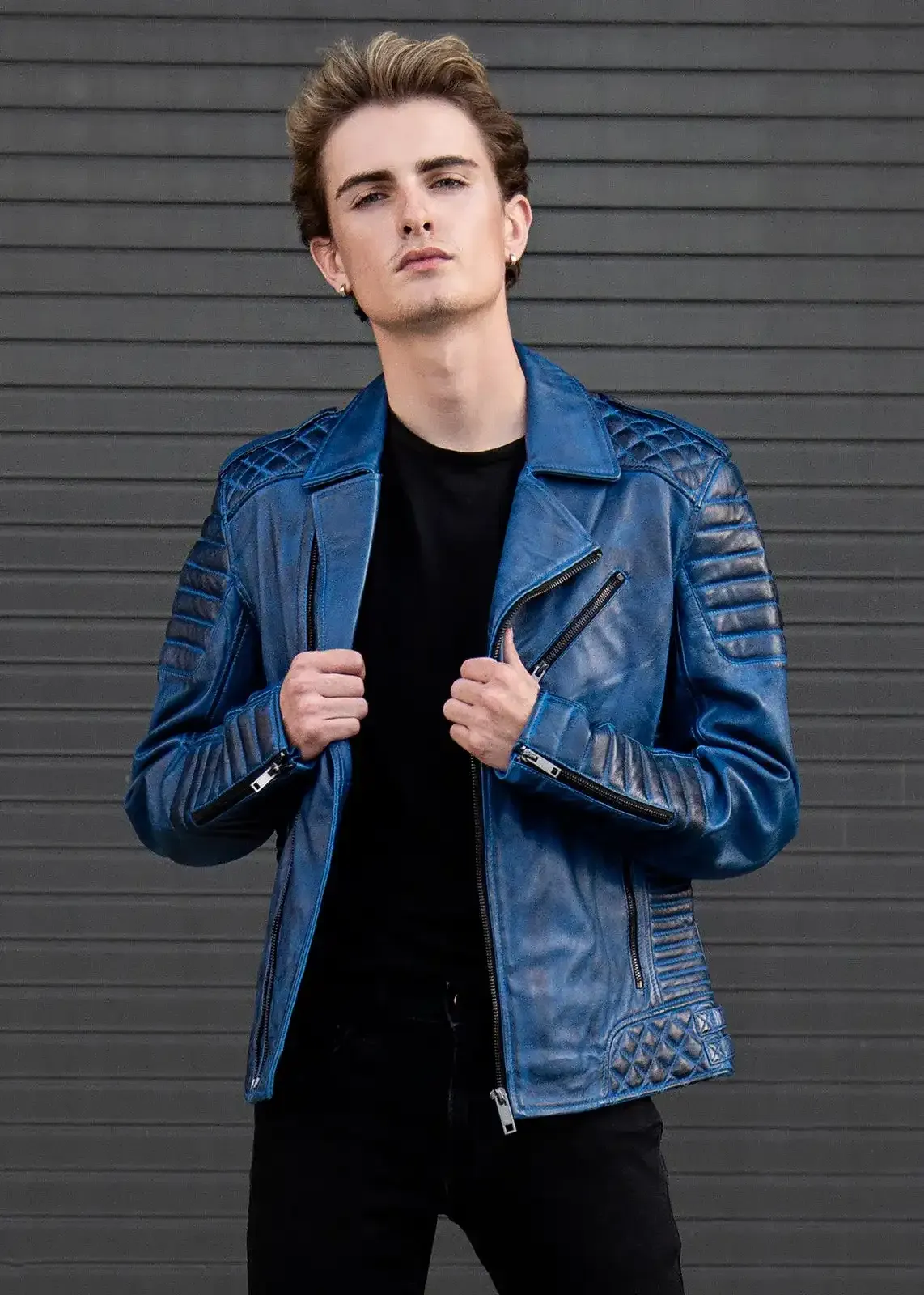 Buy Mens Quilted Leather Motorcycle Jacket Blue | LucaJackets