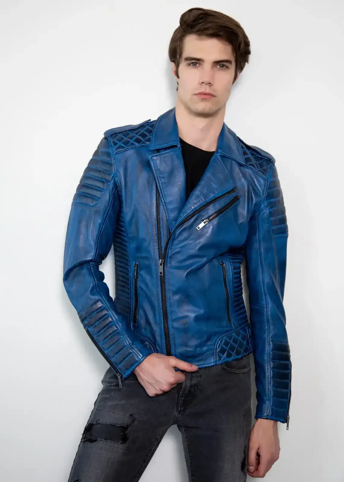 Buy Mens Quilted Leather Motorcycle Jacket Blue | LucaJackets