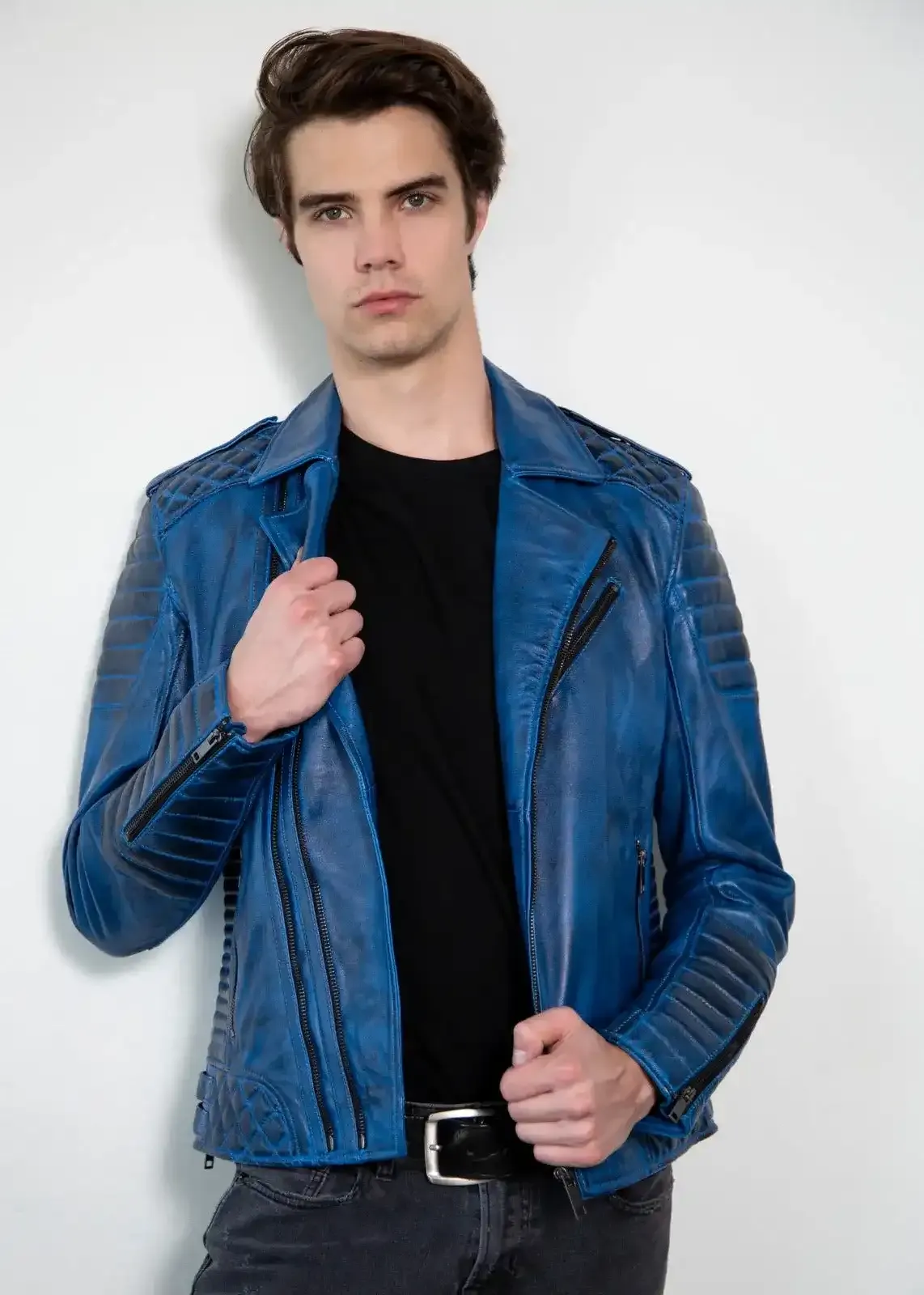 Buy Mens Quilted Leather Motorcycle Jacket Blue | LucaJackets