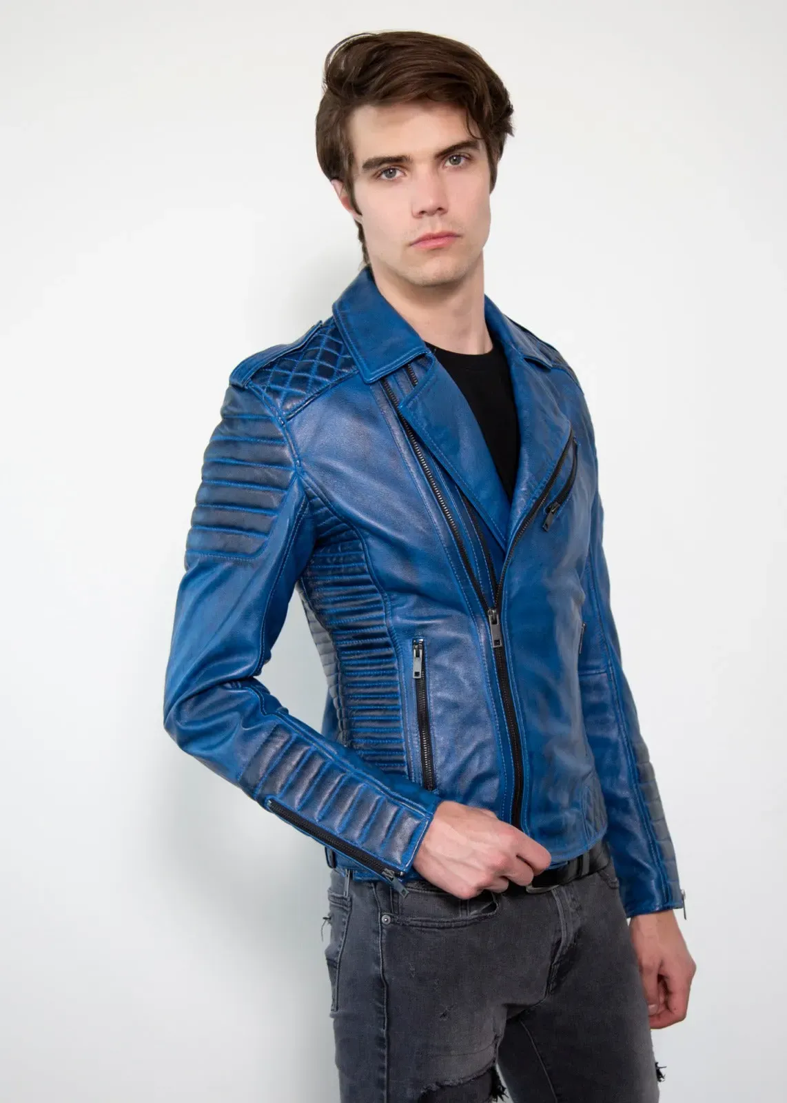 Buy Mens Quilted Leather Motorcycle Jacket Blue | LucaJackets