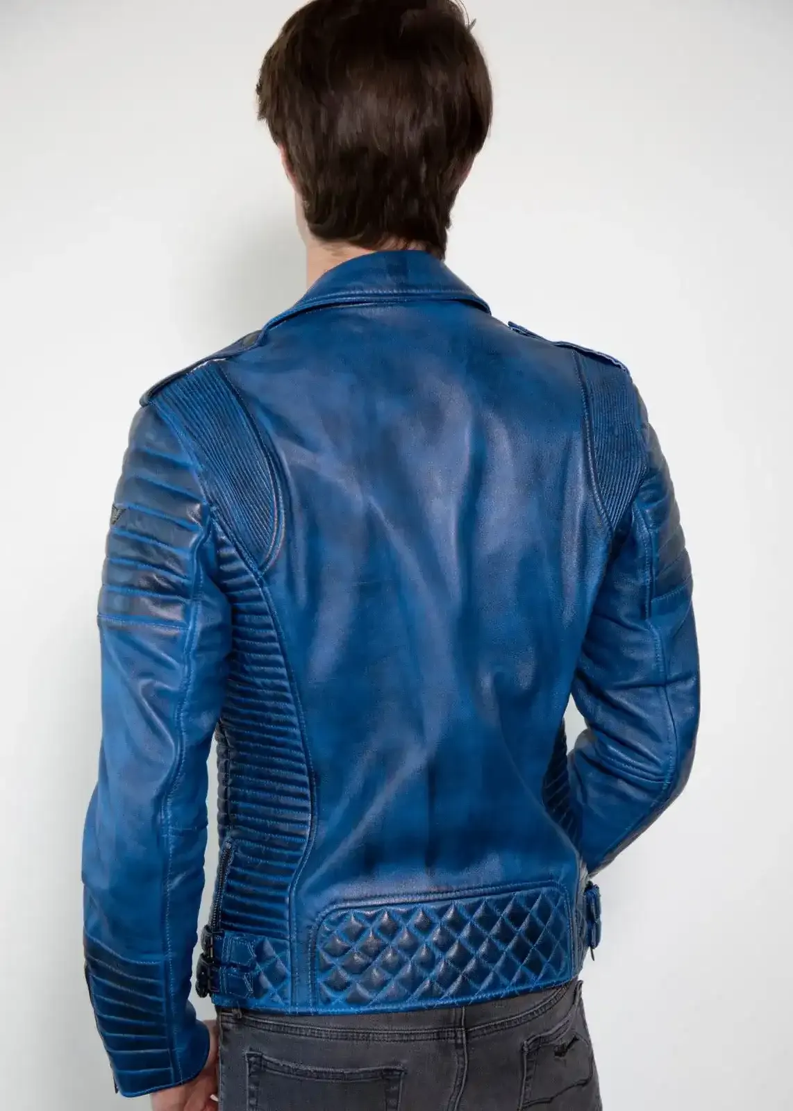 Buy Mens Quilted Leather Motorcycle Jacket Blue | LucaJackets