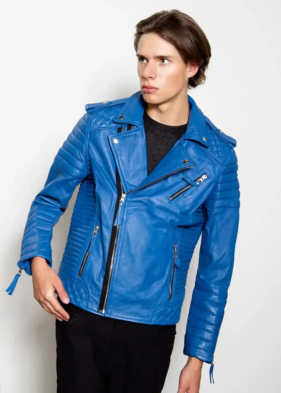 Buy Mens Quilted Leather Motorcycle Jacket Blue | LucaJackets