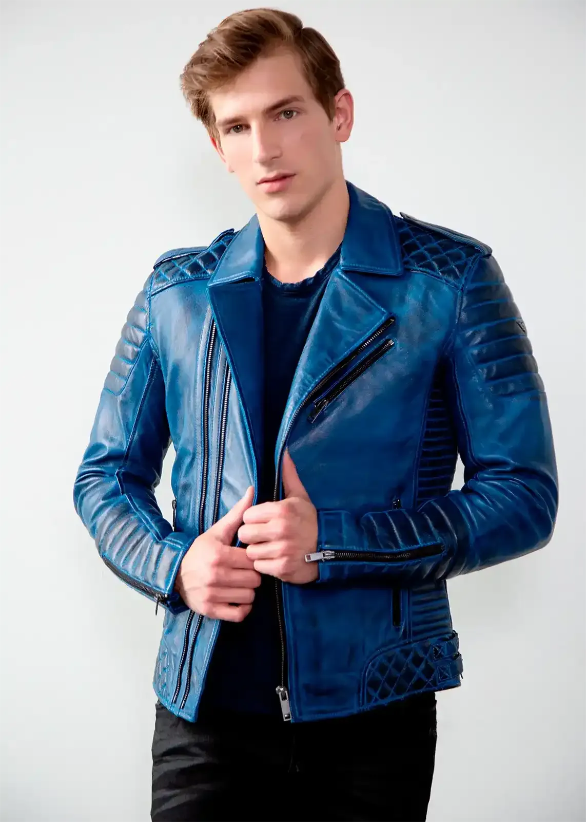 Buy Mens Quilted Leather Motorcycle Jacket Blue | LucaJackets