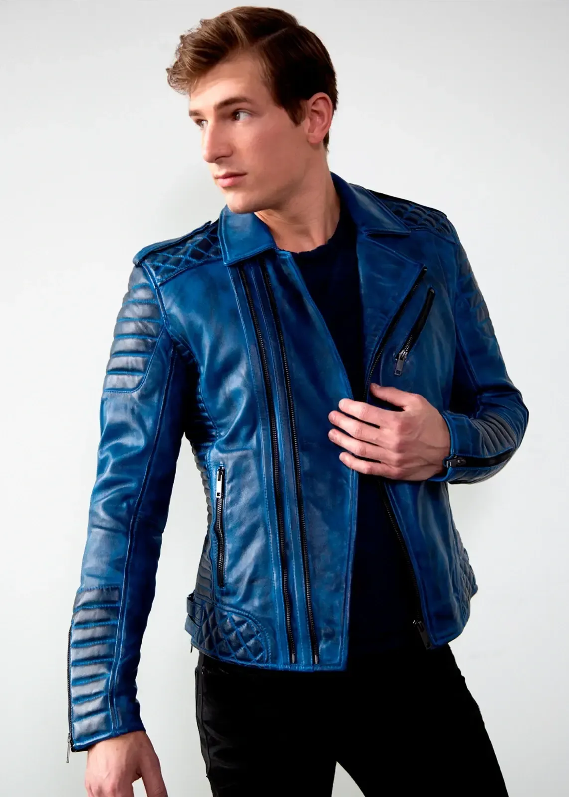 Buy Mens Quilted Leather Motorcycle Jacket Blue | LucaJackets