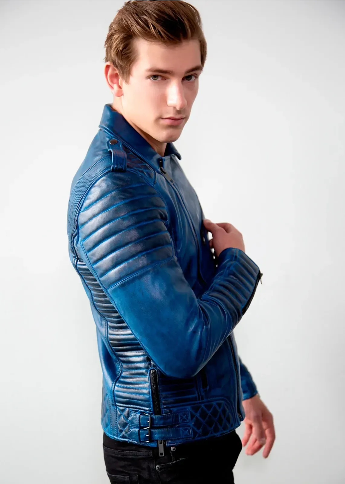 Buy Mens Quilted Leather Motorcycle Jacket Blue | LucaJackets