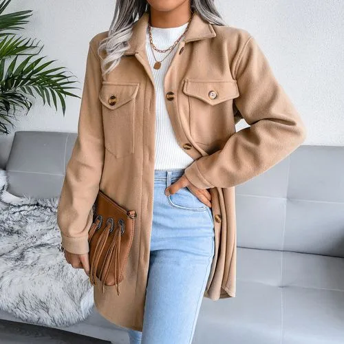 Casual Solid Color Pocket Polyester Single Breasted Coat