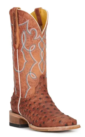 Cavender's Women's Mango and Rustic Brown Ostrich Print Wide Square Toe Cowboy Boots