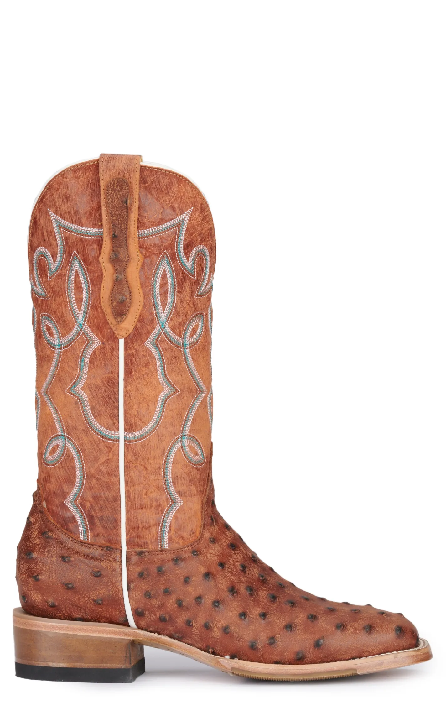 Cavender's Women's Mango and Rustic Brown Ostrich Print Wide Square Toe Cowboy Boots