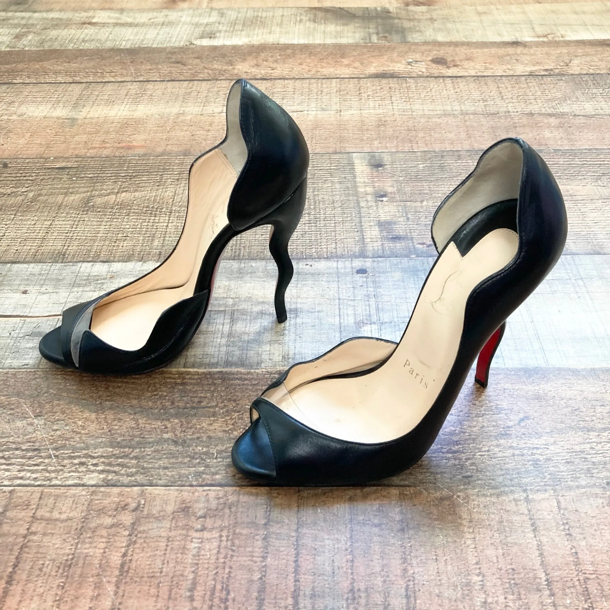 Christian Louboutin Black Scalloped Peep Toe Squiggly Heels- Size 36