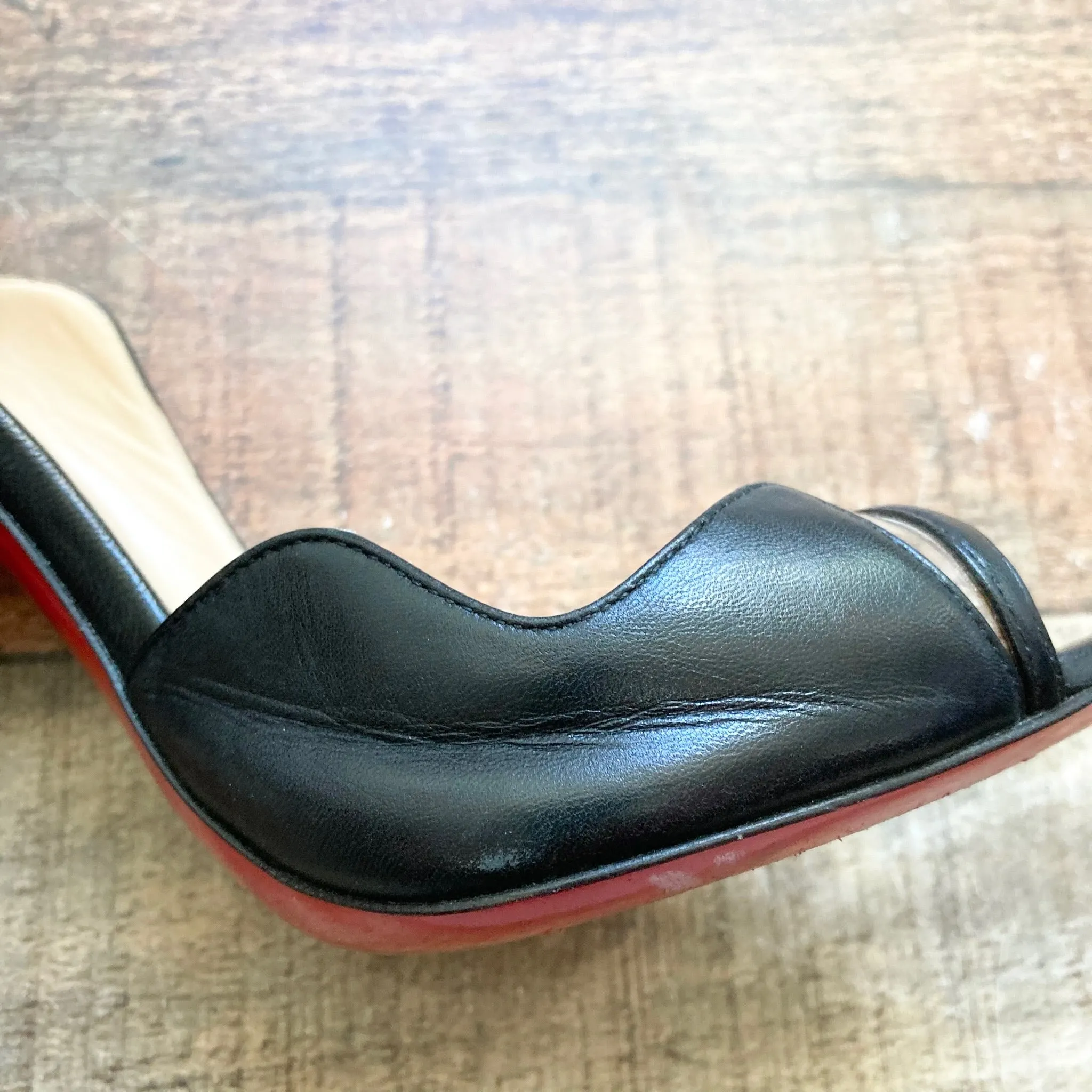 Christian Louboutin Black Scalloped Peep Toe Squiggly Heels- Size 36