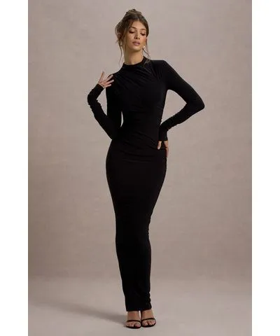 Club L London - USA Hespera | Black High-Neck Long-Sleeve Gathered Maxi Dress