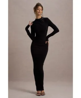 Club L London - USA Hespera | Black High-Neck Long-Sleeve Gathered Maxi Dress