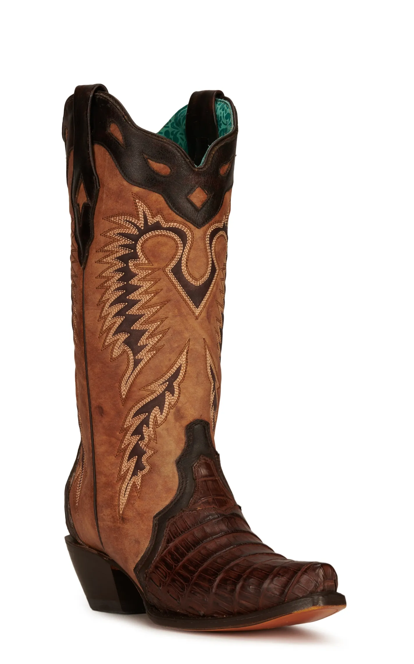 Corral Women's Tan and Brown Caiman Snip Toe Exotic Cowboy Boots