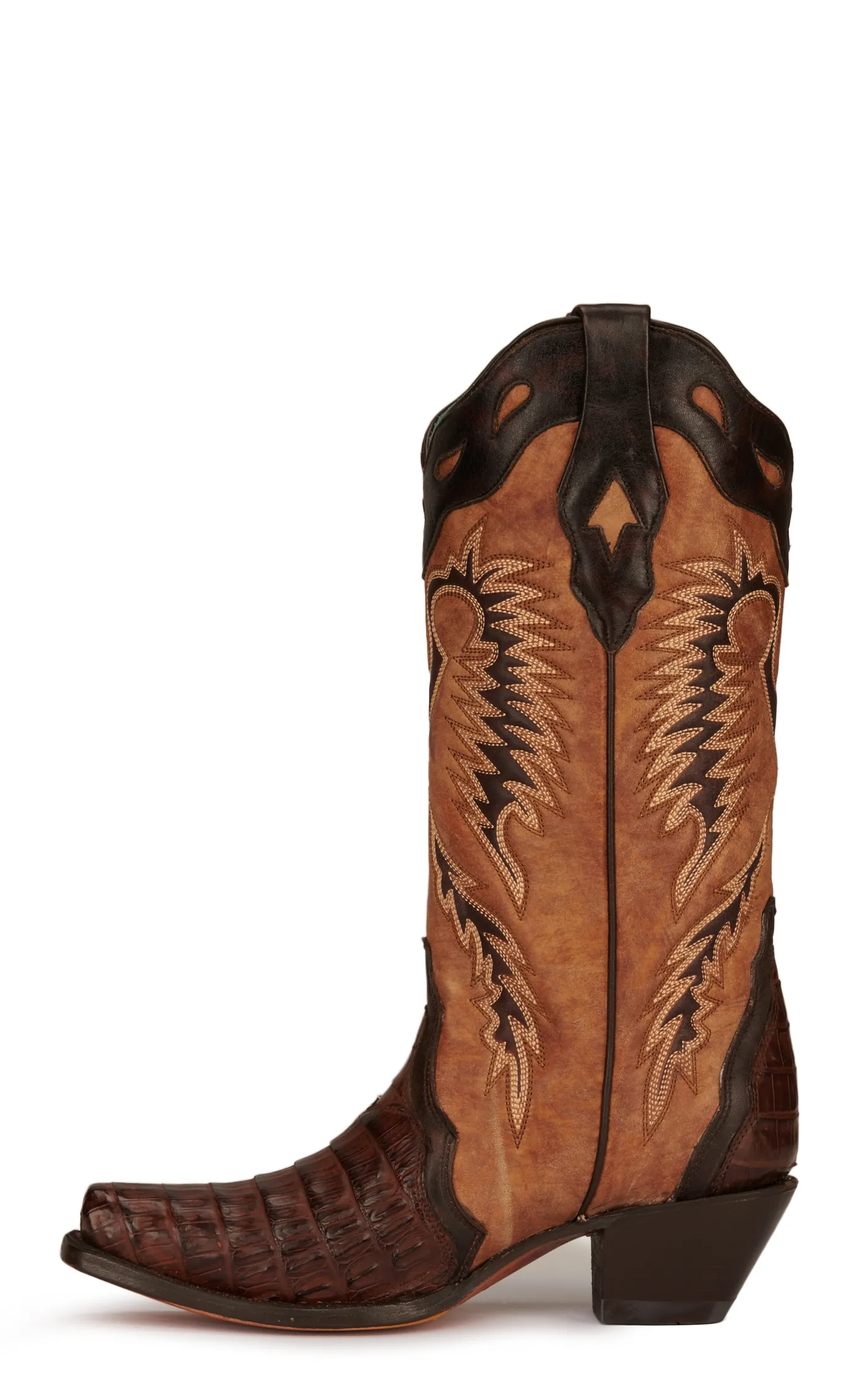 Corral Women's Tan and Brown Caiman Snip Toe Exotic Cowboy Boots