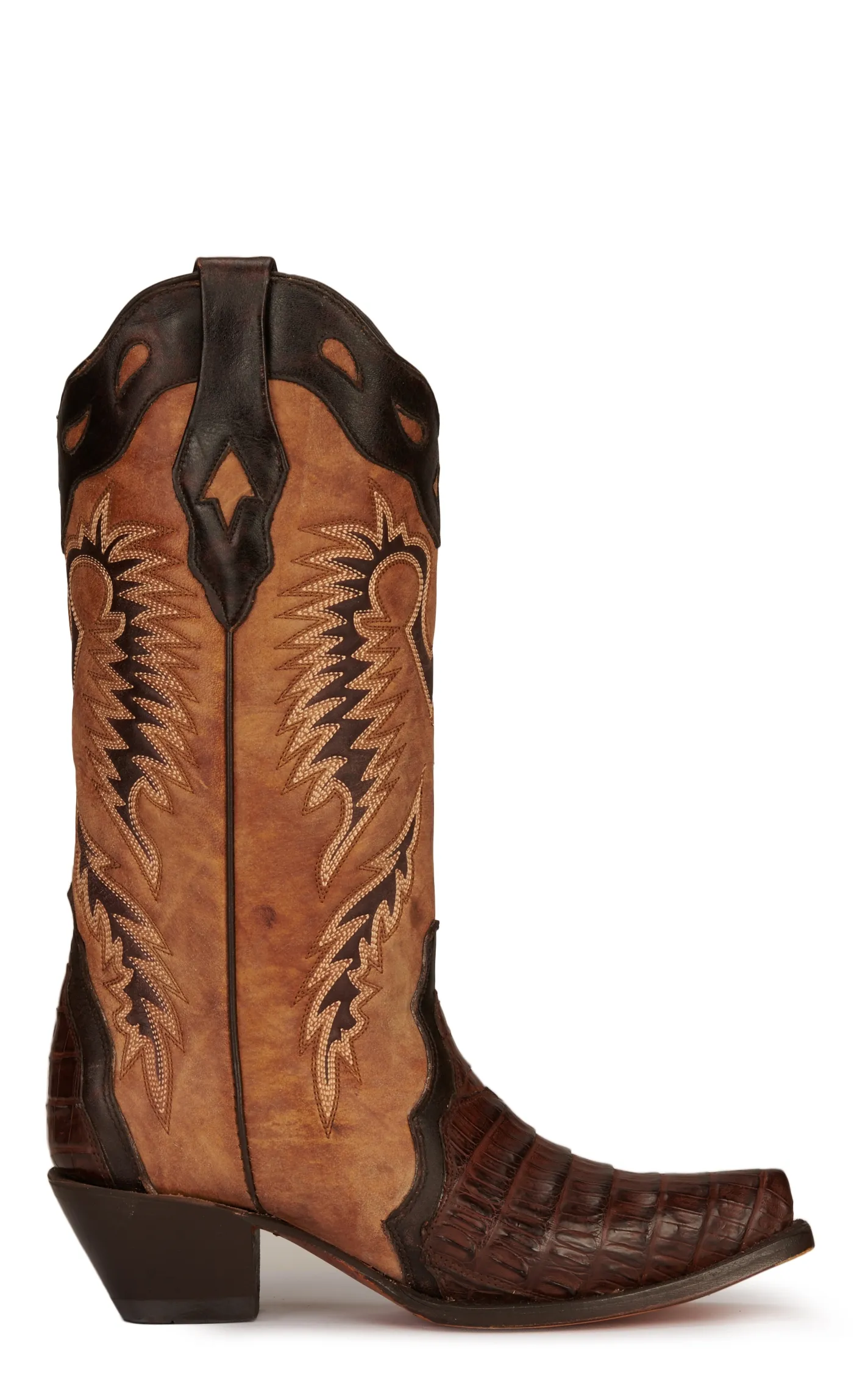 Corral Women's Tan and Brown Caiman Snip Toe Exotic Cowboy Boots