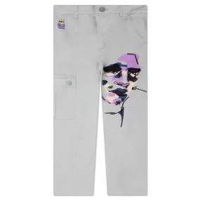 Embroidered Denim Pants - Grey with Face Design