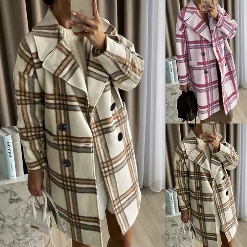 Fashion Plaid Button Woolen Double Breasted Coat Woolen Coat