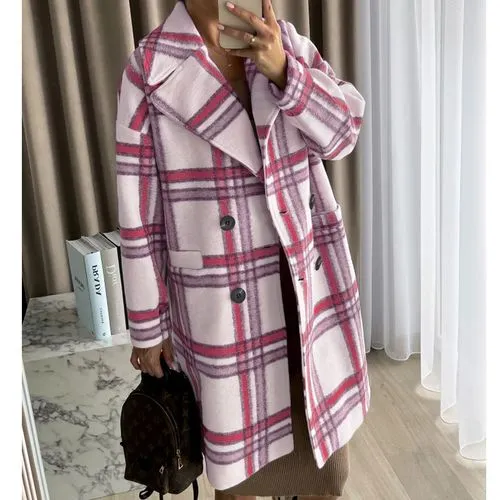 Fashion Plaid Button Woolen Double Breasted Coat Woolen Coat