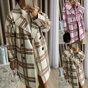 Fashion Plaid Button Woolen Double Breasted Coat Woolen Coat