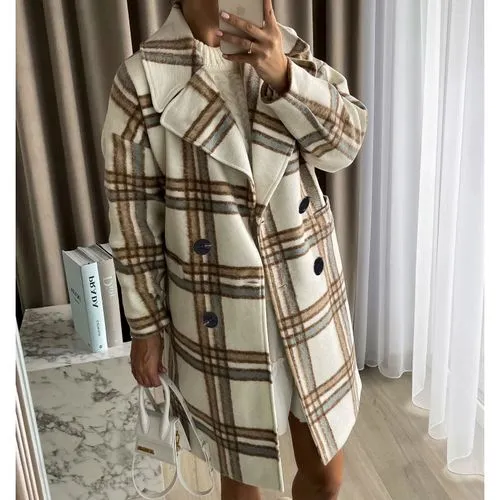 Fashion Plaid Button Woolen Double Breasted Coat Woolen Coat