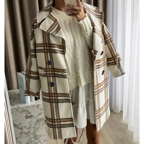 Fashion Plaid Button Woolen Double Breasted Coat Woolen Coat