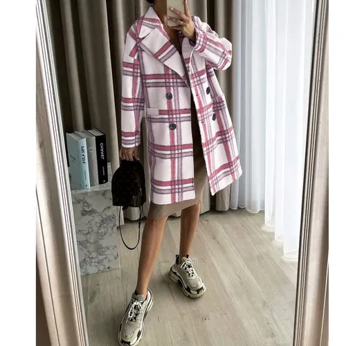 Fashion Plaid Button Woolen Double Breasted Coat Woolen Coat