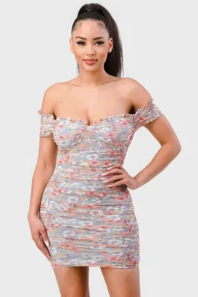 Floral Off Shoulder Ruched Mini Dress