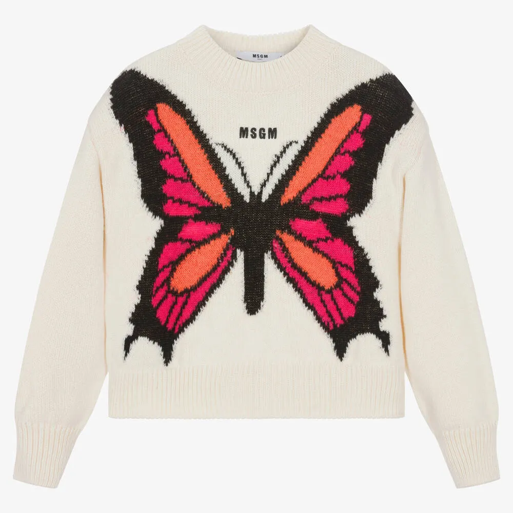 Girls Ivory Wool Butterfly Sweater