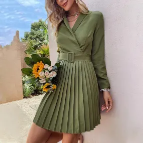 Green V-neck Pleated Dress 2021 Women A-line, Office Lady Long Sleeve Belt Blazer Dress, Casual Female