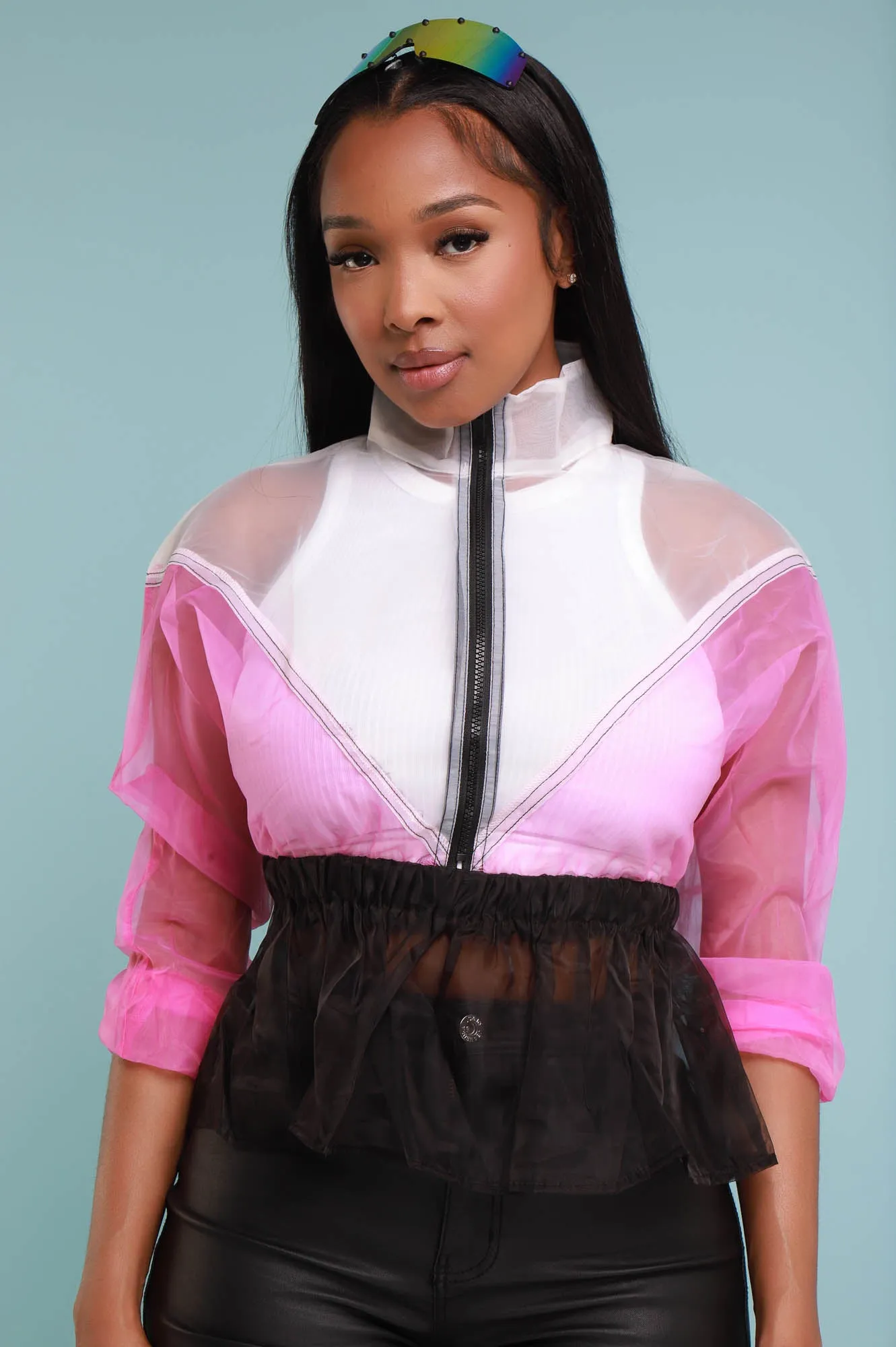 Hit Different Colorblock Sheer Windbreaker Jacket - Pink/Black