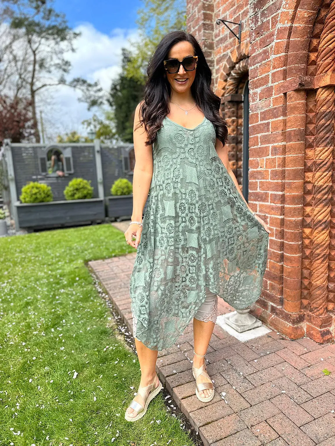 Khaki Lace V Neck Dress Tuscany