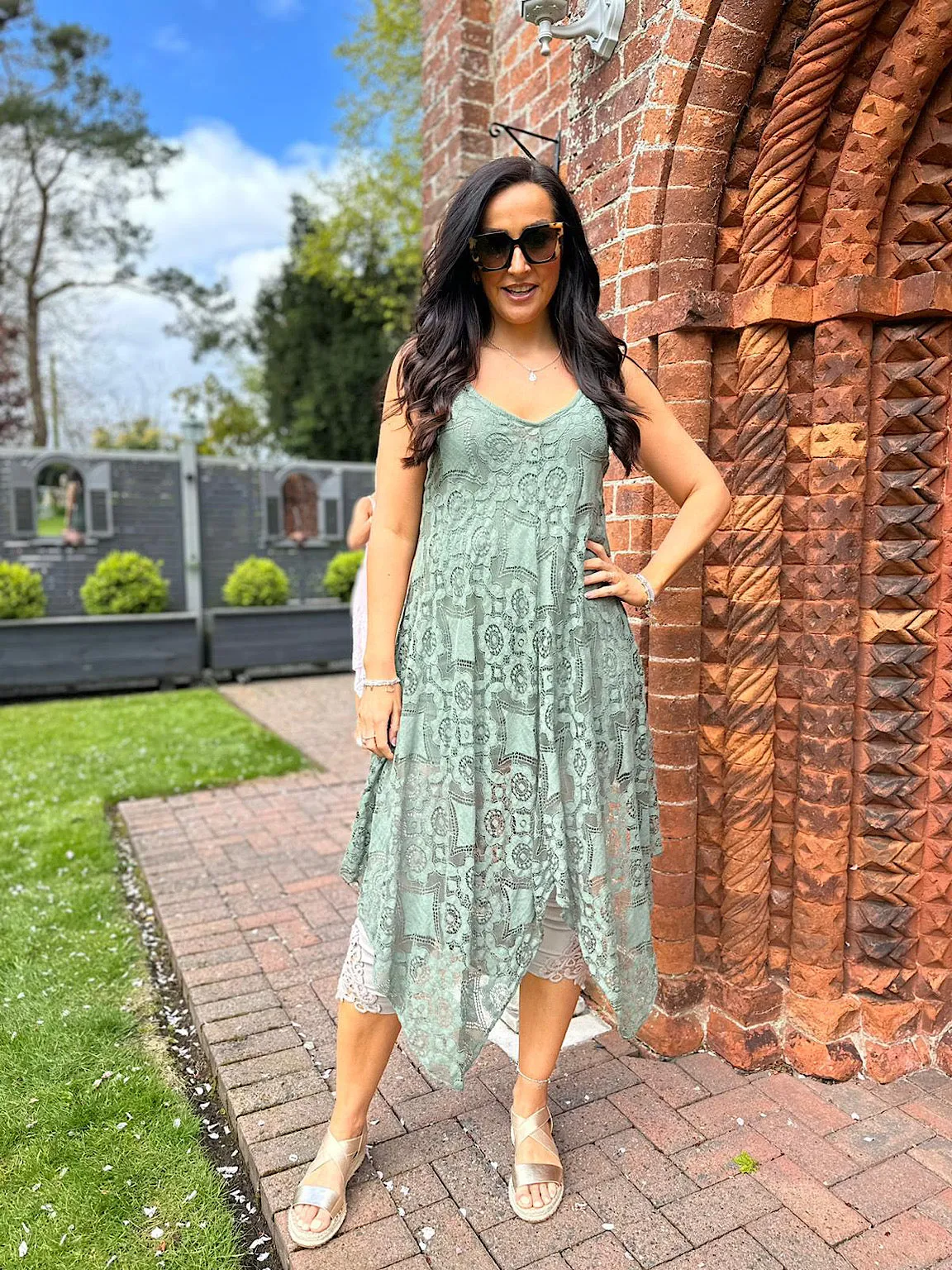 Khaki Lace V Neck Dress Tuscany