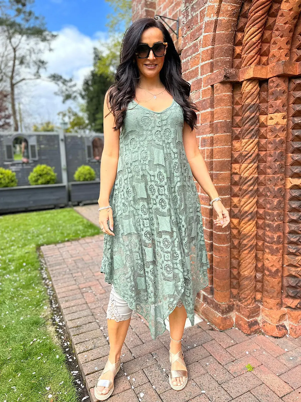 Khaki Lace V Neck Dress Tuscany