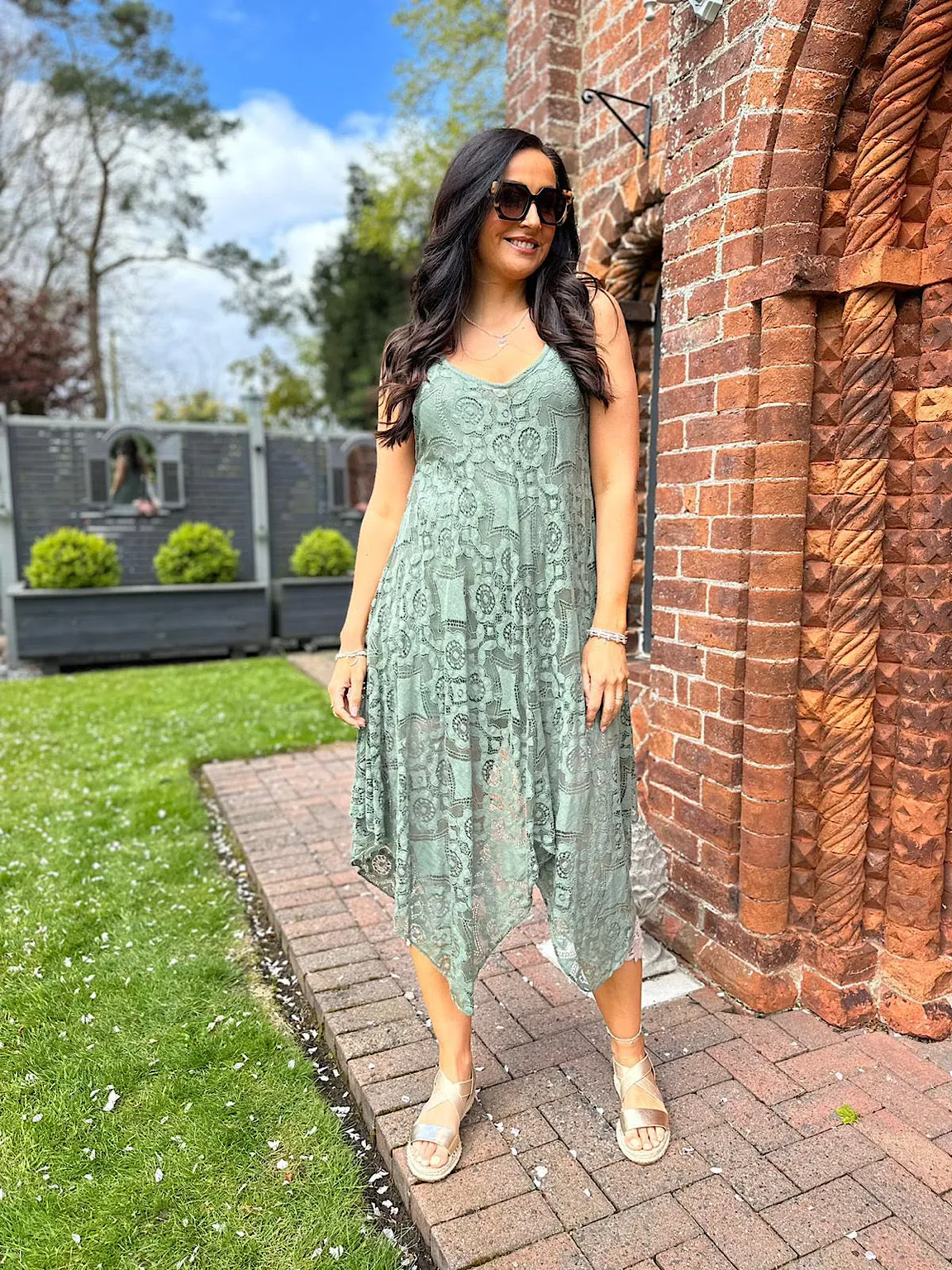 Khaki Lace V Neck Dress Tuscany