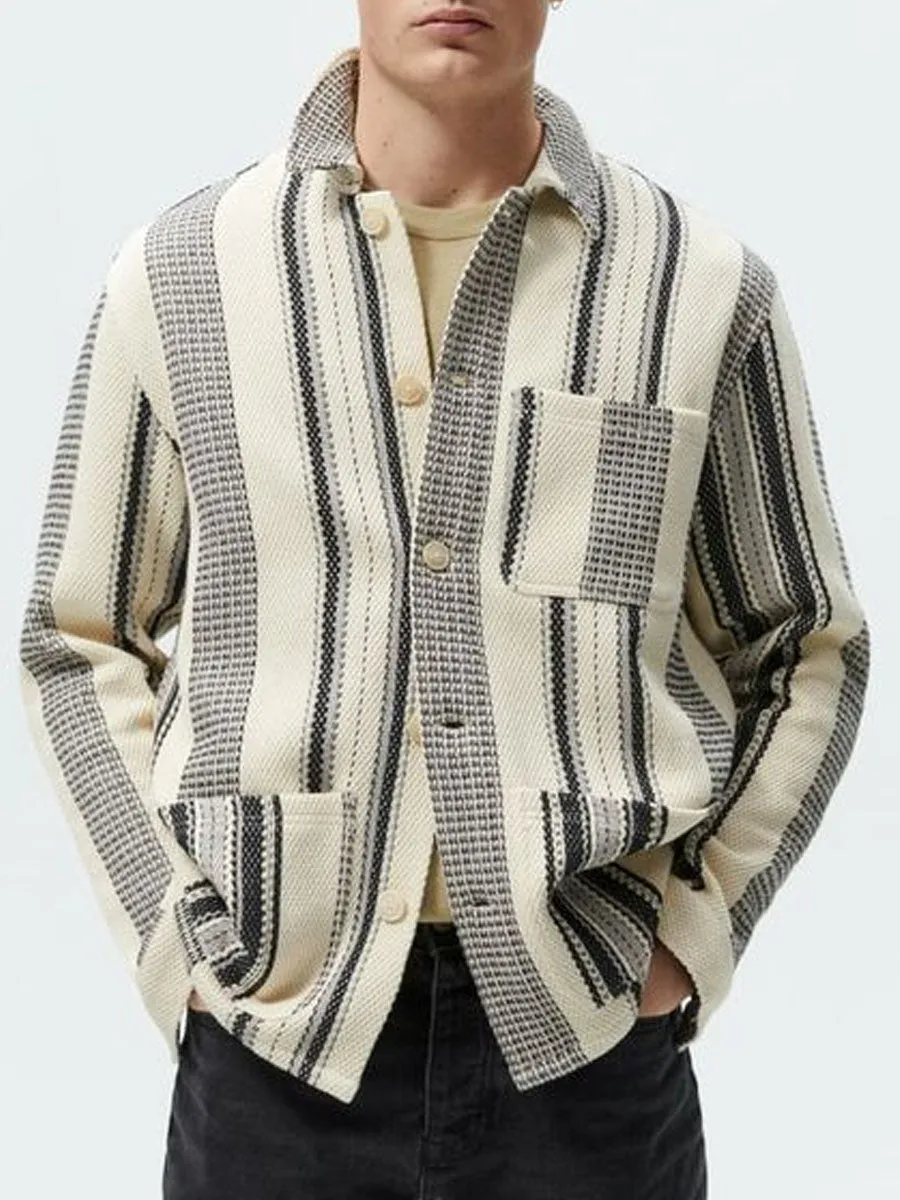 Lapel Striped Three-Pocket Casual Jacket