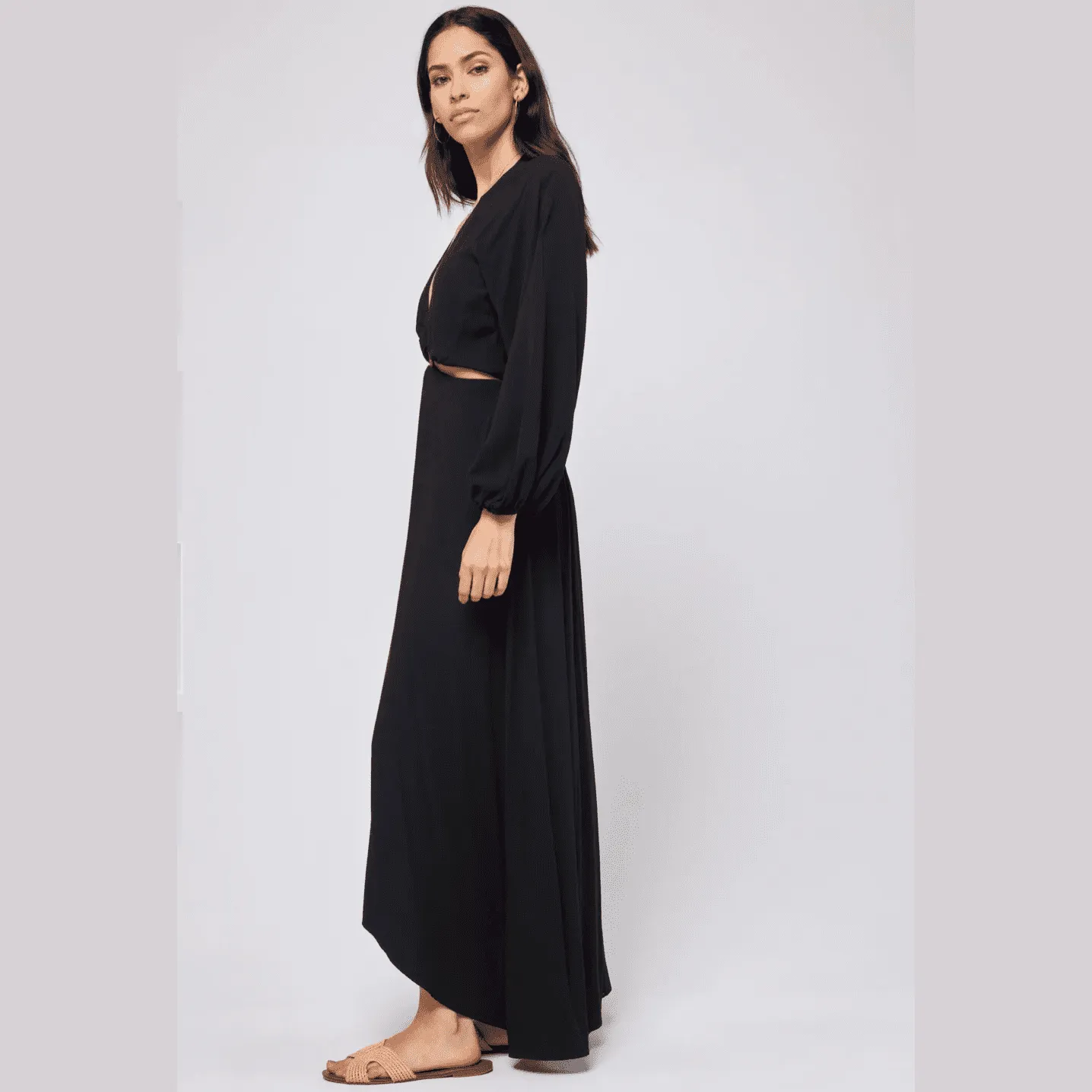 L*SPACE COLETTE Maxi Dress - Black with Elastic Cuffs and Hi-Low Hem.