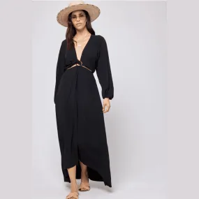 L*SPACE COLETTE Maxi Dress - Black with Elastic Cuffs and Hi-Low Hem.