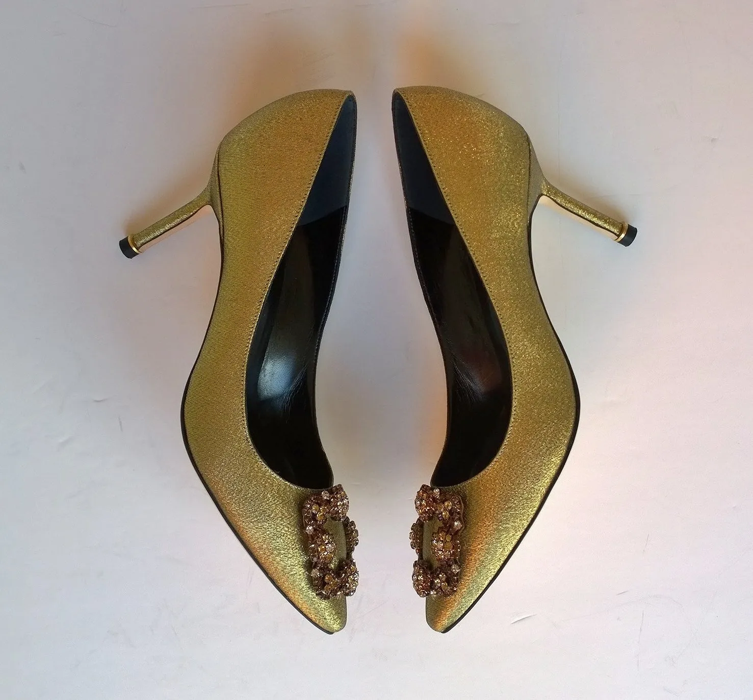 Manolo Blahnik Hangisi 70 Gold Heels with rhinestone buckle