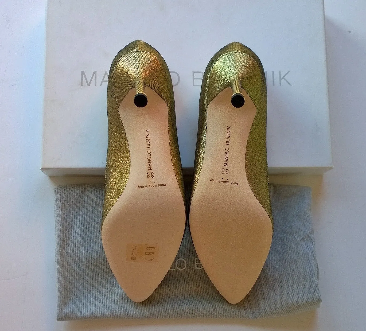 Manolo Blahnik Hangisi 70 Gold Heels with rhinestone buckle