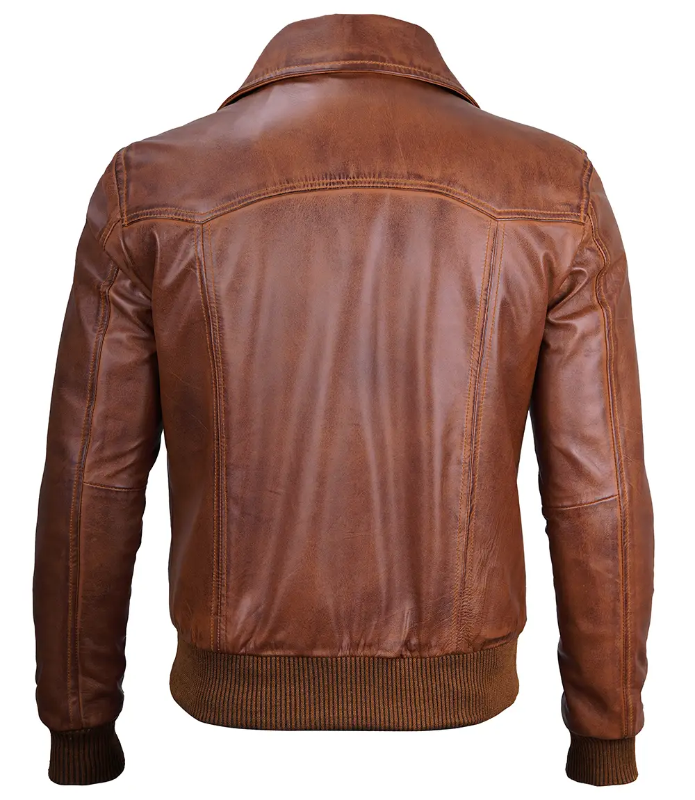 Men's Distressed Brown Harrington Leather Bomber Jacket