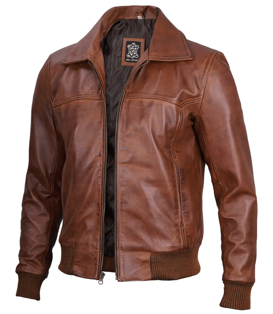 Men's Distressed Brown Harrington Leather Bomber Jacket