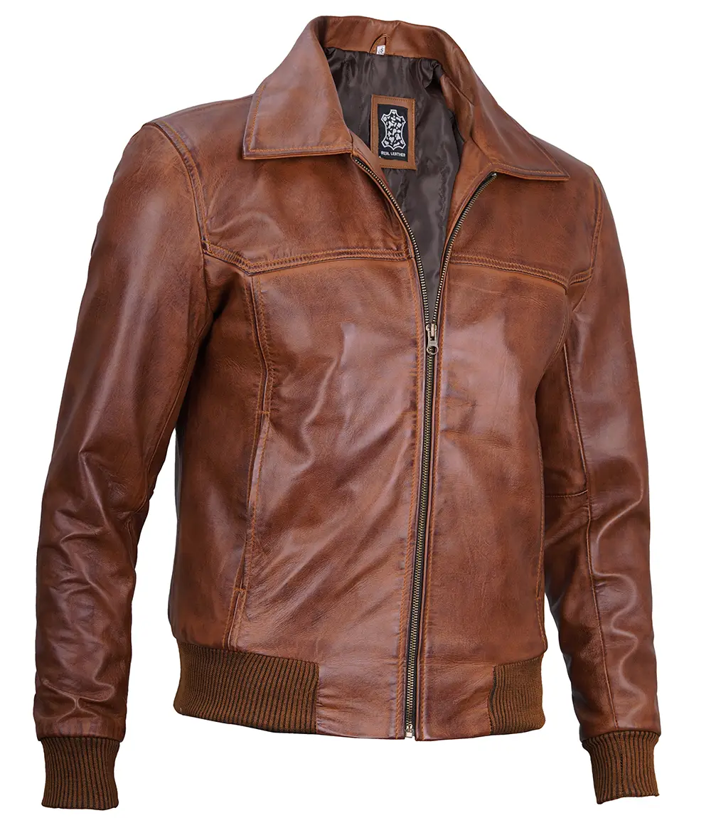 Men's Distressed Brown Harrington Leather Bomber Jacket